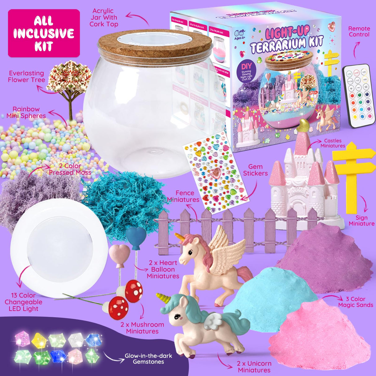 Unicorn Terrarium Crafts Kit for Kids: LED Night Light-Up DIY Toys with Remote – Fun Birthday Gifts for Girls Ages 5 6 7 8 9 10 Years Old – Creative Arts & Crafts Activity Set, Christmas Gift SparkleMe