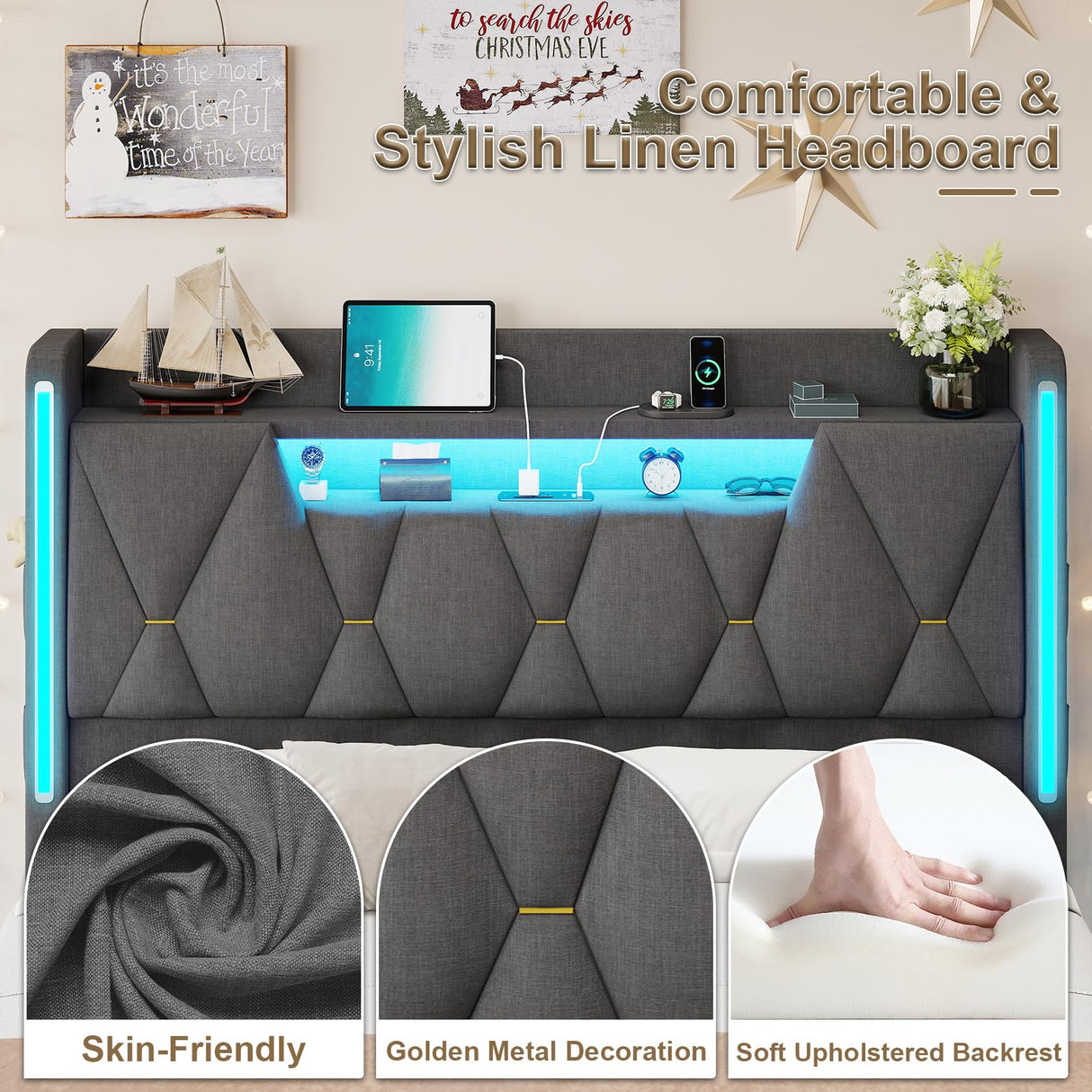 busyaeh Dark Gray Floating Bed Frame Queen with Hidden Storage, Charging Station & LED Lights busyaeh