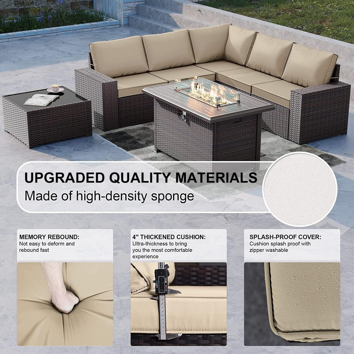 Kullavik 7 Pieces Outdoor Patio Furniture Set with 43" 55000BTU Gas Propane Fire Pit Table PE Wicker Rattan Sectional Sofa Patio Conversation Sets,Khaki Kullavik