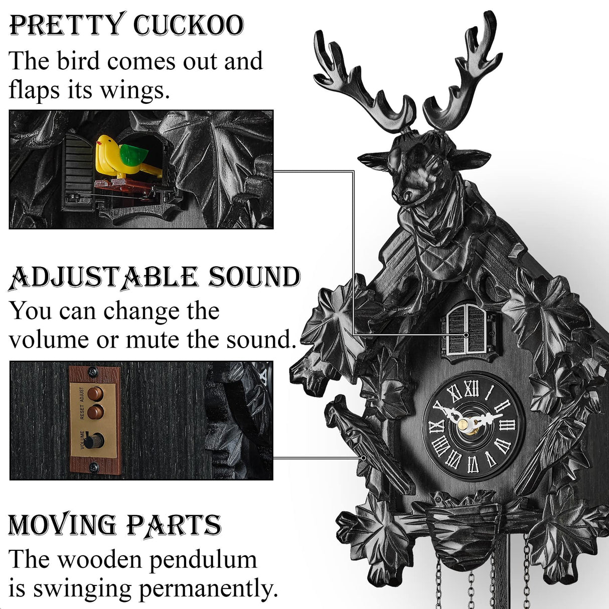 TIMEGEAR Cuckoo Clock with Automatic Night Mode, Quartz Movement and Carved Deer Head (Black) TIMEGEAR