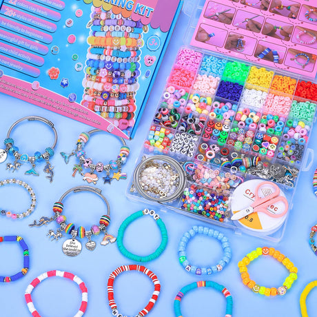 AIPRIDY 3600 Pcs Girls Toys Bracelet Making Kit, Unicorn/Mermaid Jewelry Activity, Flat College Style Beading for Friendship Jewelry Making, DIY Crafts for 4-12 Girls Birthday Christmas Gifts(Aqua) AIPRIDY