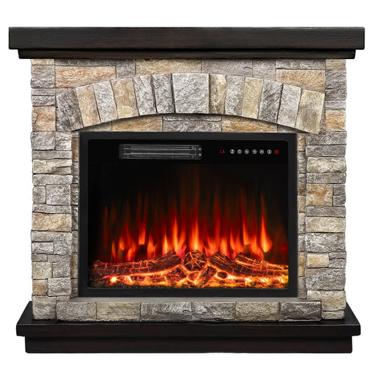 BOSSIN 36" Electric Fireplace with Mantel, 23 inch Electric Fireplace Insert, TV Stand Freestanding Heater with Remote Control Timer LED Flame for Living Room Bedroom,Faux Stone Gray