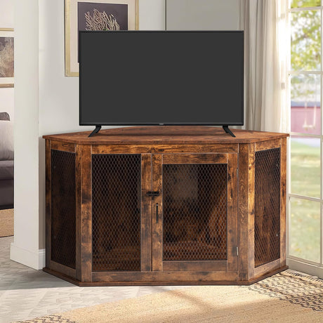 VITESSE Corner Dog Crate Furniture, 44/52inch Durable Wooden Dog Kennel End Table, Indoor Decorative Puppy Kennel with Metal Mesh, Heavy-Duty Pet House for Large Dogs with Portable Switch, TV Stand VITESSE