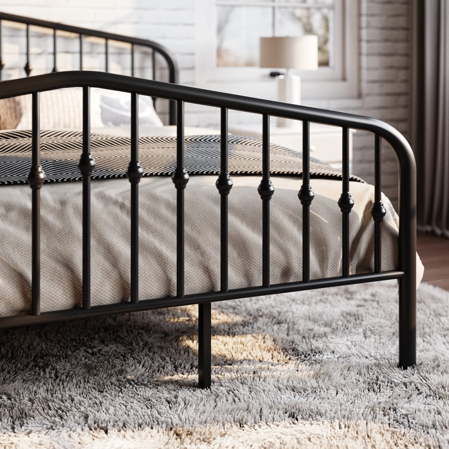 Victorian-Style King Size Metal Platform Bed Frame with Wrought Iron Headboard and Footboard in Black - WoodArtSupply