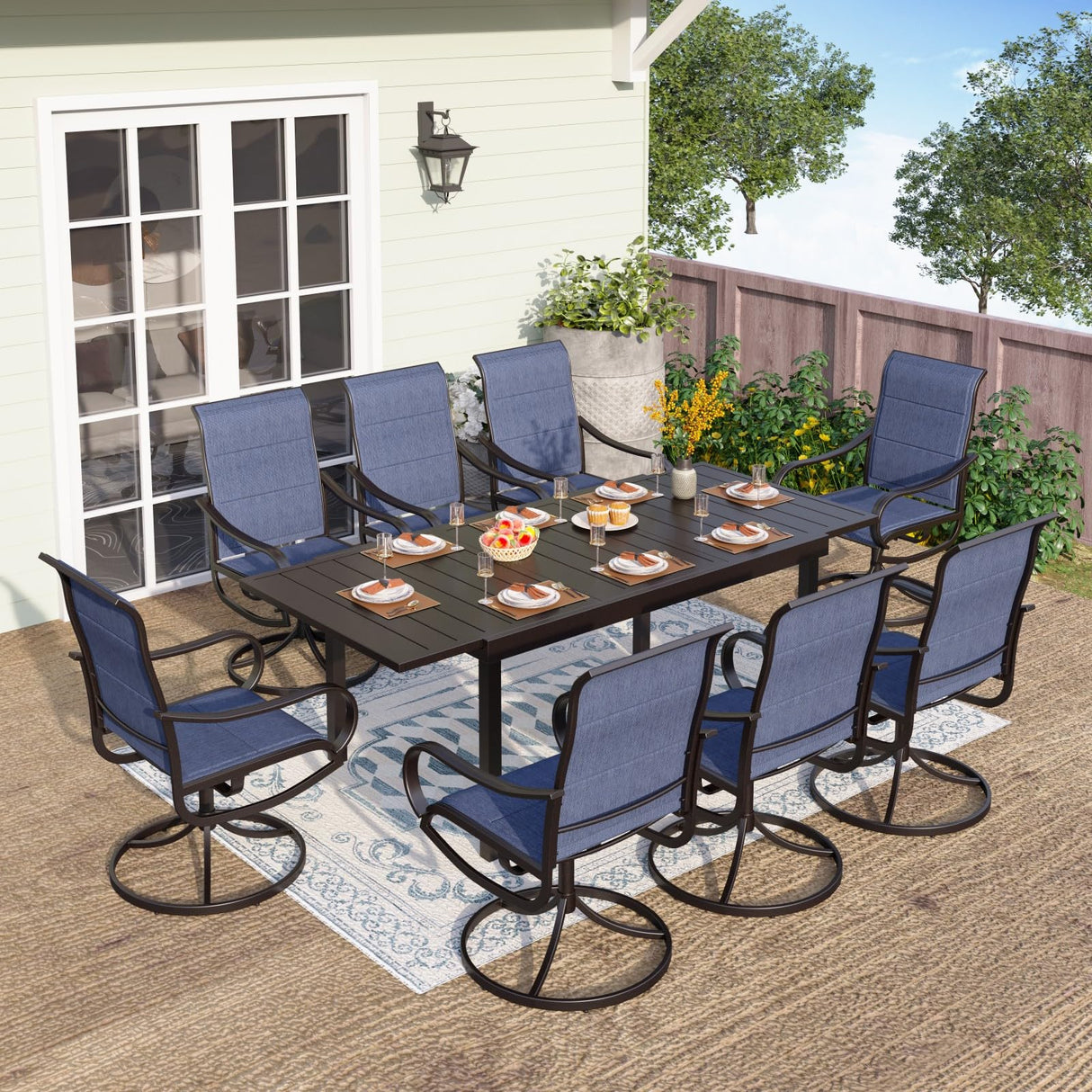 PHI VILLA 9 Piece Outdoor Patio Dining Set, 8 Swivel Outdoor Padded Chairs and 1 Extendable Large Patio Table, Outdoor Furniture Table and Chair Set for 6-8 Person (Blue) PHI VILLA