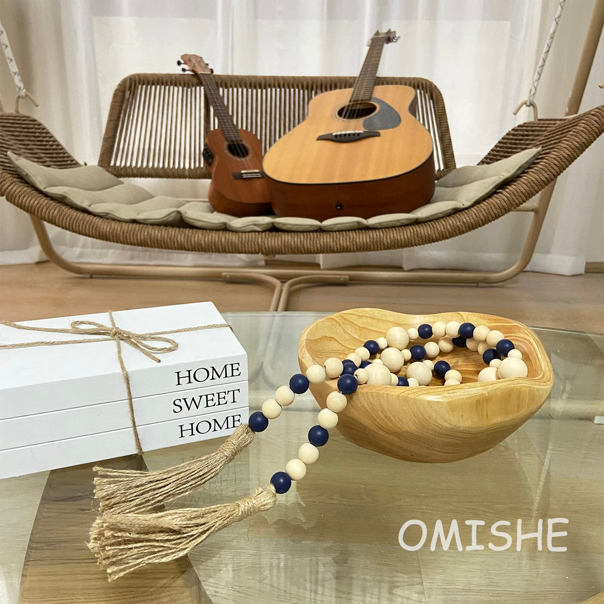 OMISHE Wood Bead Garland with Tassels 61 Inches, Wooden Beads Garland, Boho Home Decor, Decorative Beads Garland Decor, Farmhouse Beads Garland for Tiered Tray Decor Navy Blue OMISHE