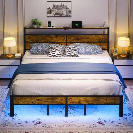 King Size Bed Frame with USB Type C Charging Station Headboard, Smart LED Lights, Metal Platform Noise Free, No Box Spring Needed, Easy Assemably Liians