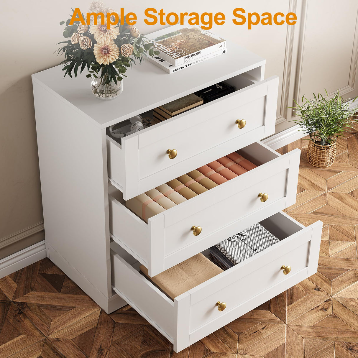 RoyalCraft Modern 3 Drawer Dresser, White and Gold Nightstand for Bedroom, Small Chest of Drawers, End Table with Storage, Wood Beside Table for Living Room, Home Office, Entryway RoyalCraft