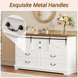 IRONCK Farmhouse 6 Drawers Dresser for Bedroom, 55.1" Large Wooden Chest of Drawers with Sliding Barn Door, White/Walnut IRONCK