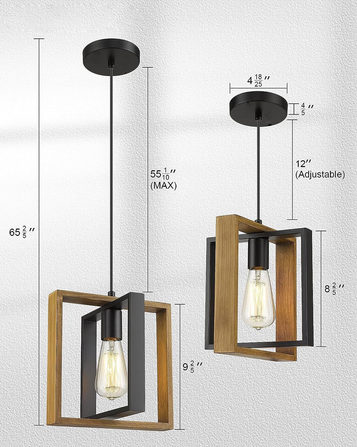 CAFULAM Black Pendant Lighting Modern Pendant Light, Adjustable Pendant Light Fixture,Pendant Lights Kitchen IslandLight (2 Packs Wood+Metal Pendant Light) CAFULAM