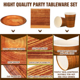 Skylety 200 Pcs Rustic Wood Grain Paper Plates Camping Party Tableware Set Disposable Fall Plate Cup Napkin Hunting Birthday Party Decorations Woodland Party Dinnerware Serve 50 Guests Skylety