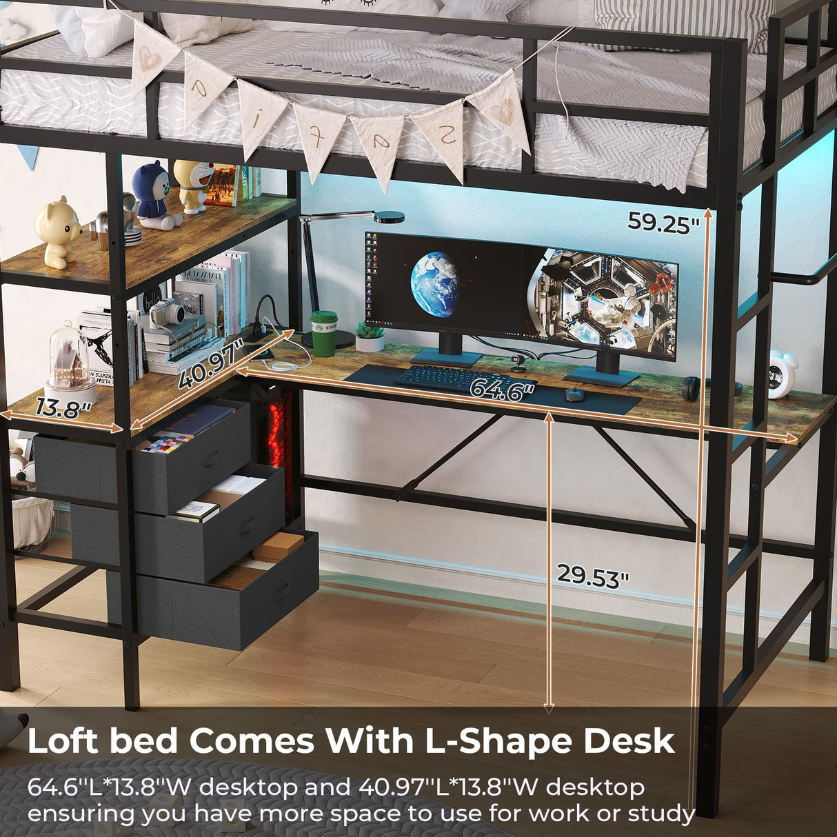 DICTAC Twin Metal Loft Bed with L-Shaped Desk, LED Lights, Charging Station, and Storage Solutions in Black DICTAC