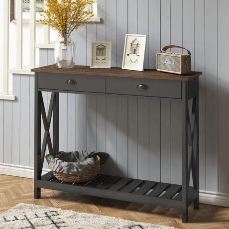 ChooChoo Farmhouse Console Table with Drawer for Entryway, Narrow Long Entry Table with Shelf for Living Room, Rustic Vintage Hallway Sofa Table with Stable X Supports, 40 Black ChooChoo