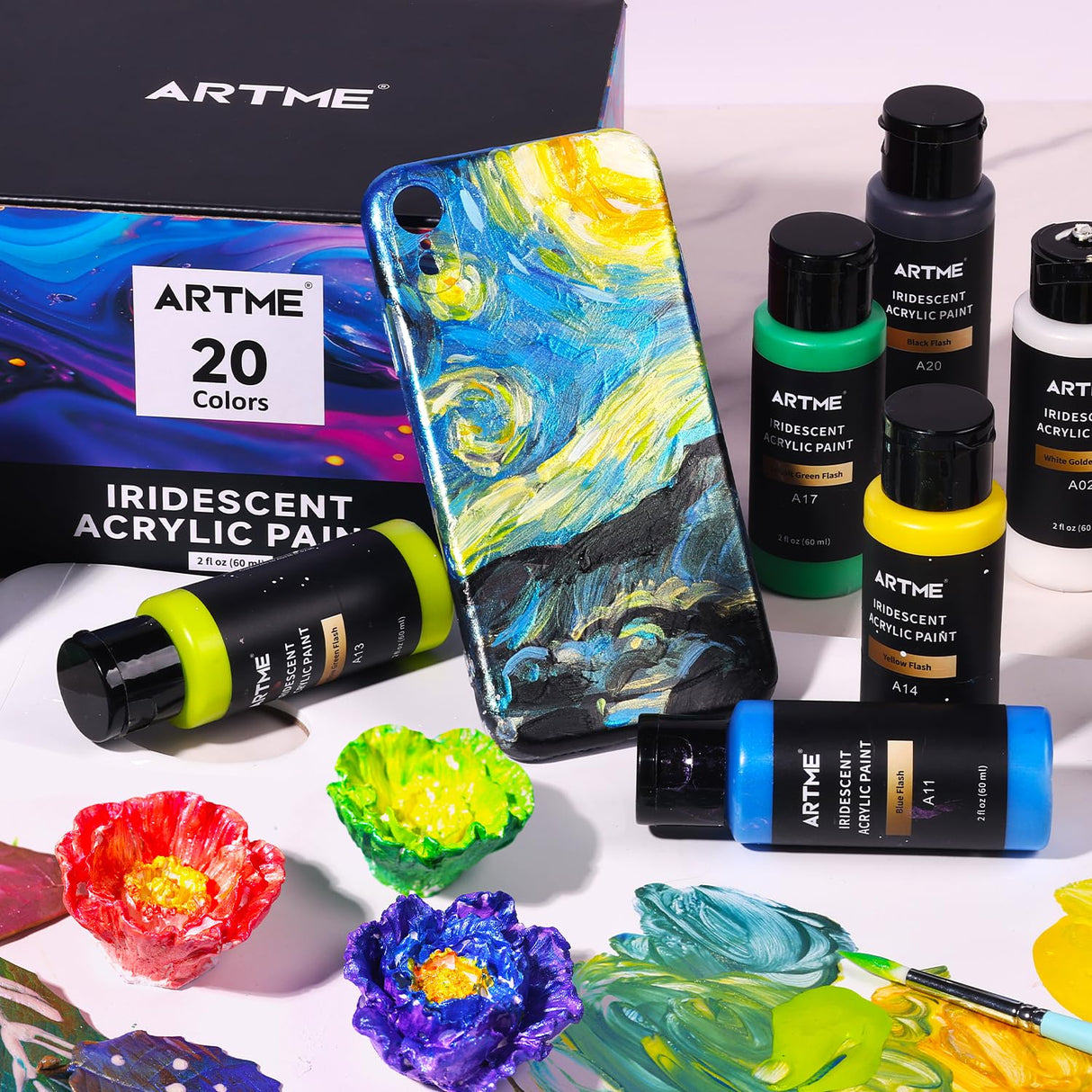 Artme Iridescent Acrylic Paint Set, 20 Chameleon Colors in 2 oz/60ml Bottles, Color-shifting Acrylic Paint, Color Change Paint Perfect for Artists, Beginners on Canvas, Rocks, Wood, Fabric, Ceramic Artme