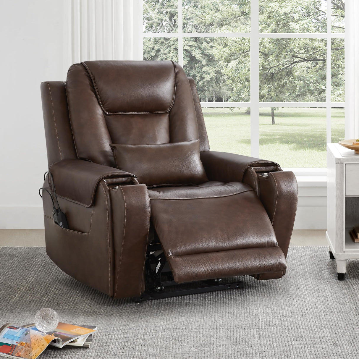 CHITA Electric Power Lift Recliner Chair for Elderly, Oversized Genuine Leather Chair with Cup Holders and USB Ports for Living Room, with Massage and Heat, Dark Brown CHITA