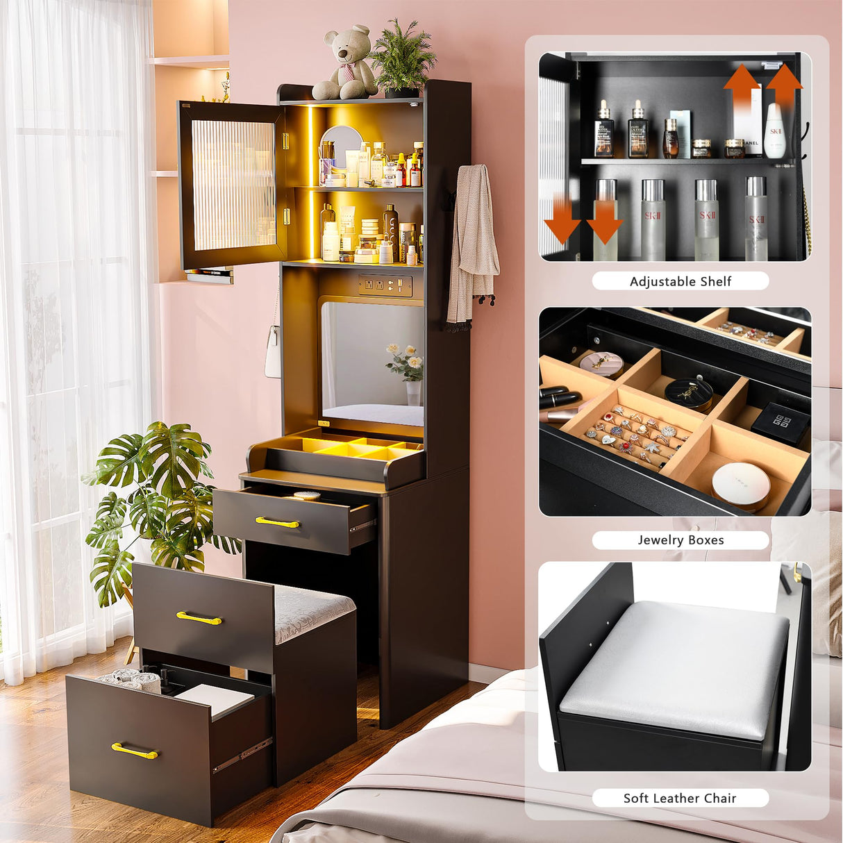 Gurexl 3 in 1 Vanity Desk with Human Sensor LED Light,Tall Makeup Vanity Set with 2 AC Outlets & USB-C,Make Up Vanity Desk with Flip-up Mirror,Jewelry Box,Cushioned Tool,2 Drawer,Bedroom Gurexl