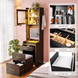 Gurexl 3 in 1 Vanity Desk with Human Sensor LED Light,Tall Makeup Vanity Set with 2 AC Outlets & USB-C,Make Up Vanity Desk with Flip-up Mirror,Jewelry Box,Cushioned Tool,2 Drawer,Bedroom Gurexl