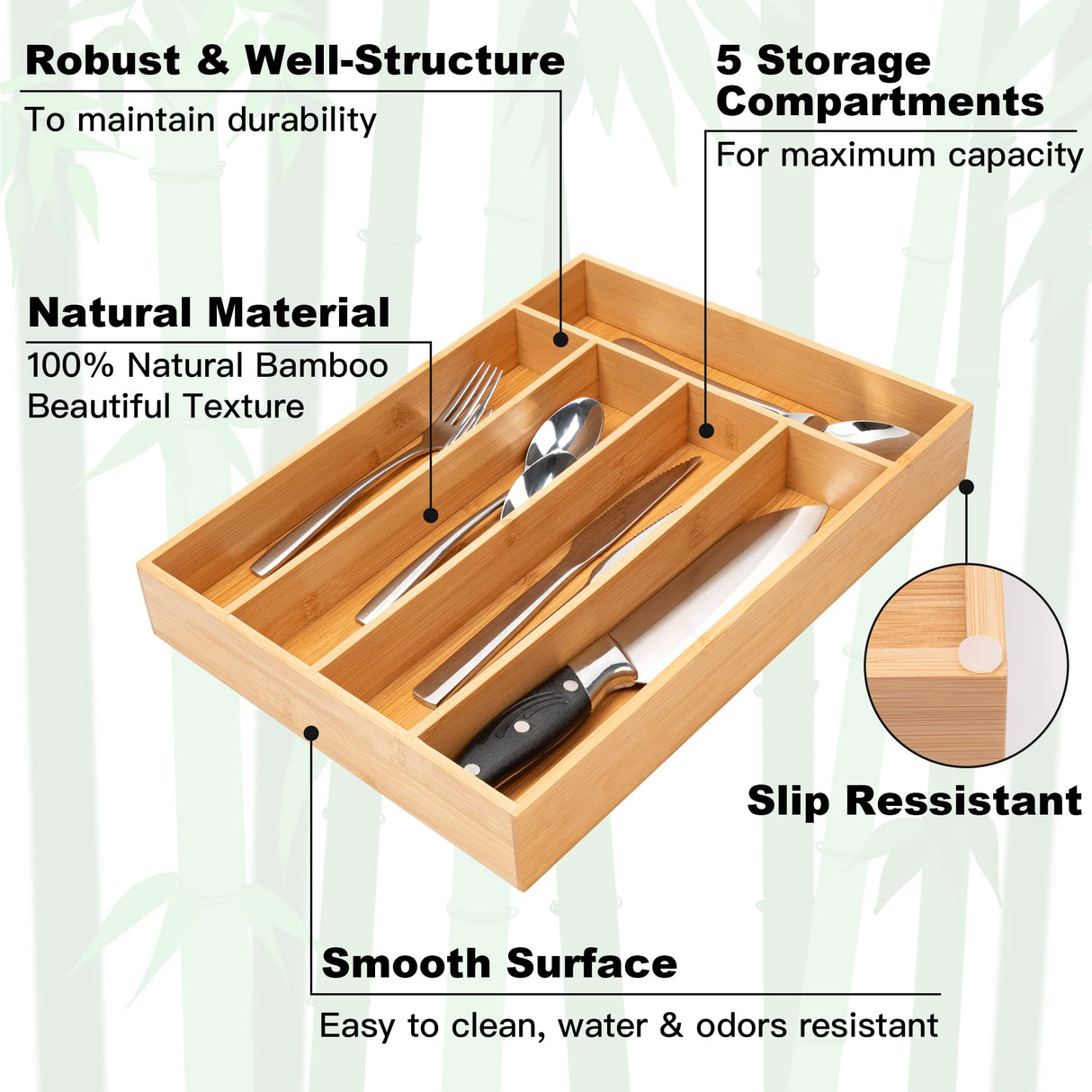Besilord Silverware Organizer Kitchen Drawer Organizer Utensil Organizer Bamboo Silverware Holder Cutlery Organizer in Drawer Flatware Organizer Tray(5 slots, Natural Besilord
