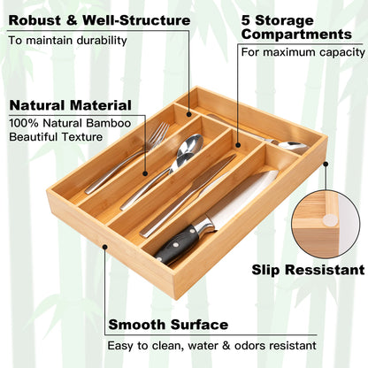 Besilord Silverware Organizer Kitchen Drawer Organizer Utensil Organizer Bamboo Silverware Holder Cutlery Organizer in Drawer Flatware Organizer Tray(5 slots, Natural