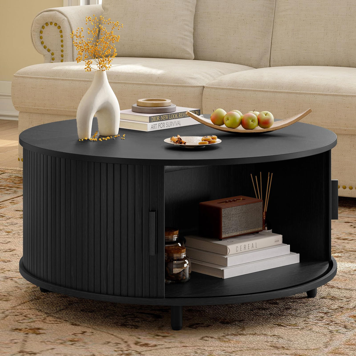 Lefurture 31.5 Inch Round Coffee Table, Mid-Century Modern Coffee Table wtih Storage, Accent Coffee Table with Adjustable Footpads, Center Table with Sliding Doors for Living Room (Black) Lefurture