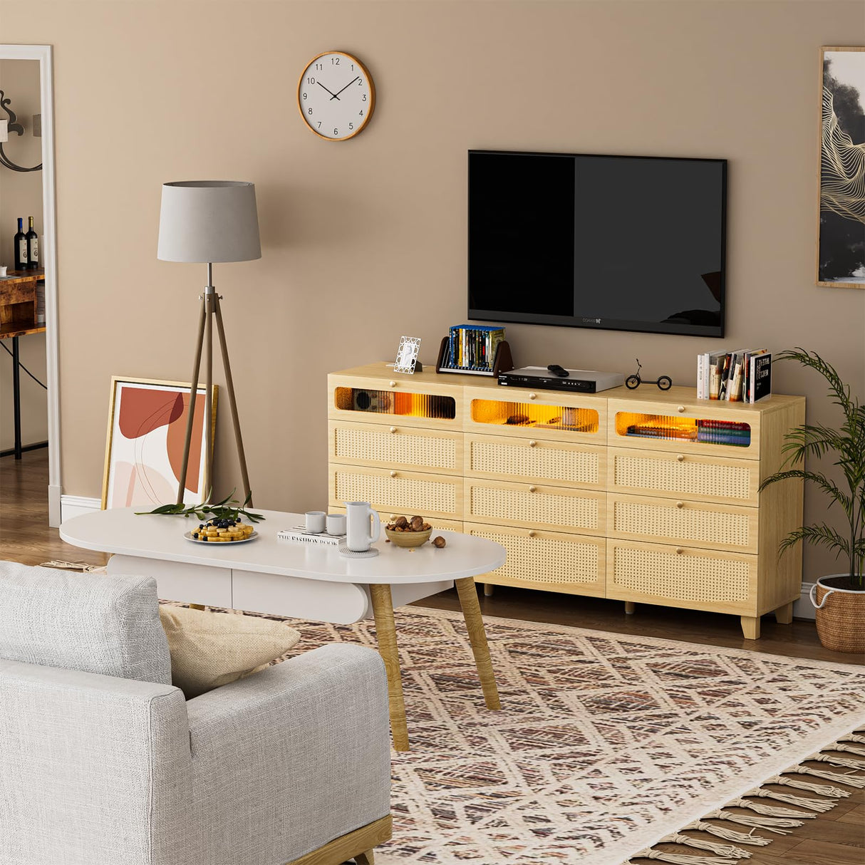 Yeyawomy 12 Drawer Dresser for Bedroom, 63" Wide Rattan Dresser with LED Light and Charging Station, Modern Wooden Long Storage Dressers Organizer with Metal Handle for Entryway and Bedroom Yeyawomy