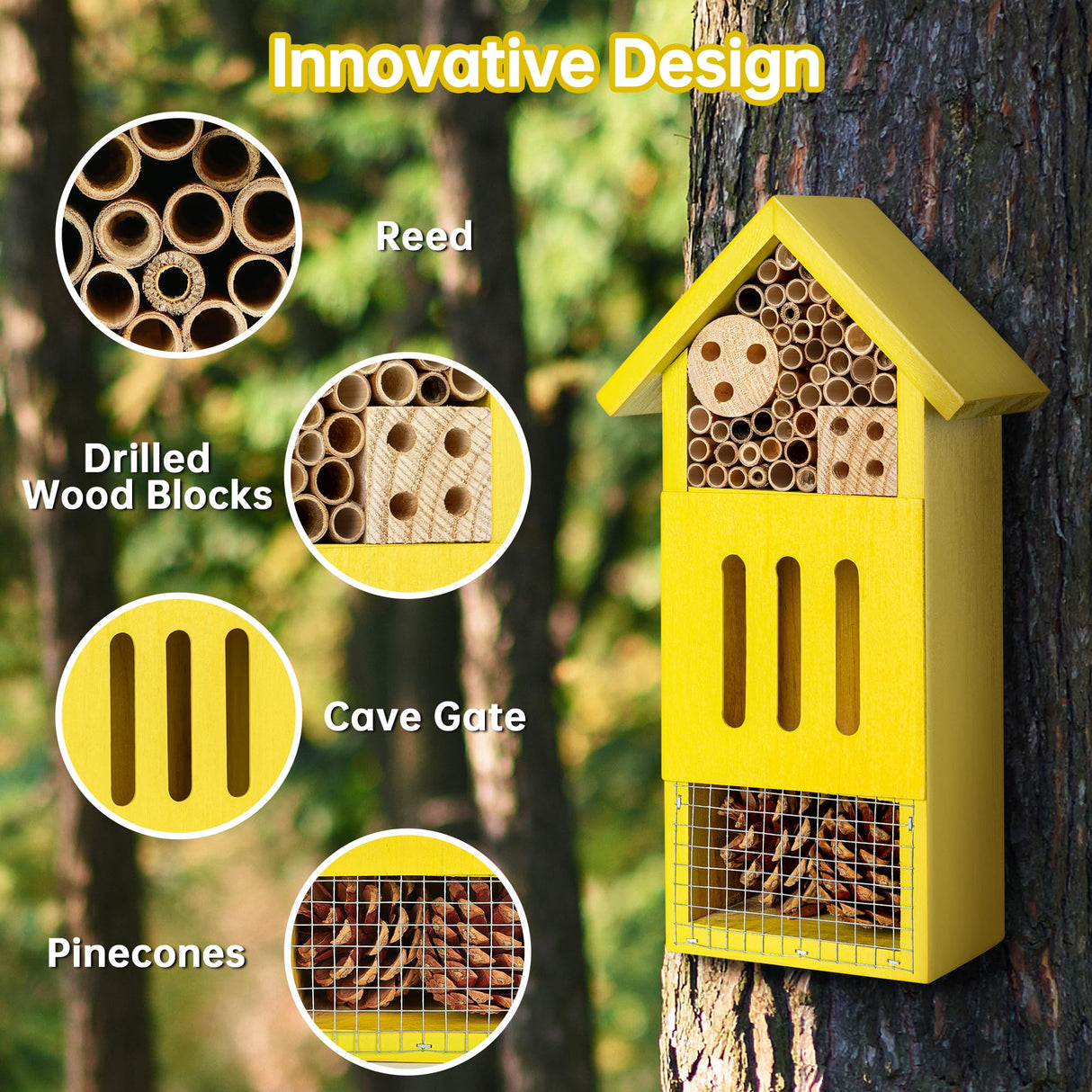 Bee House Bug Hotel & Butterfly House, Handcrafted Wooden Ladybug House, Natural Insect Habitat for Garden, Patio, or Yard, Durable Pine Wood, Attracts Pollinators, 10.4 x 5.5 x 3.2 Inches UUMENHA