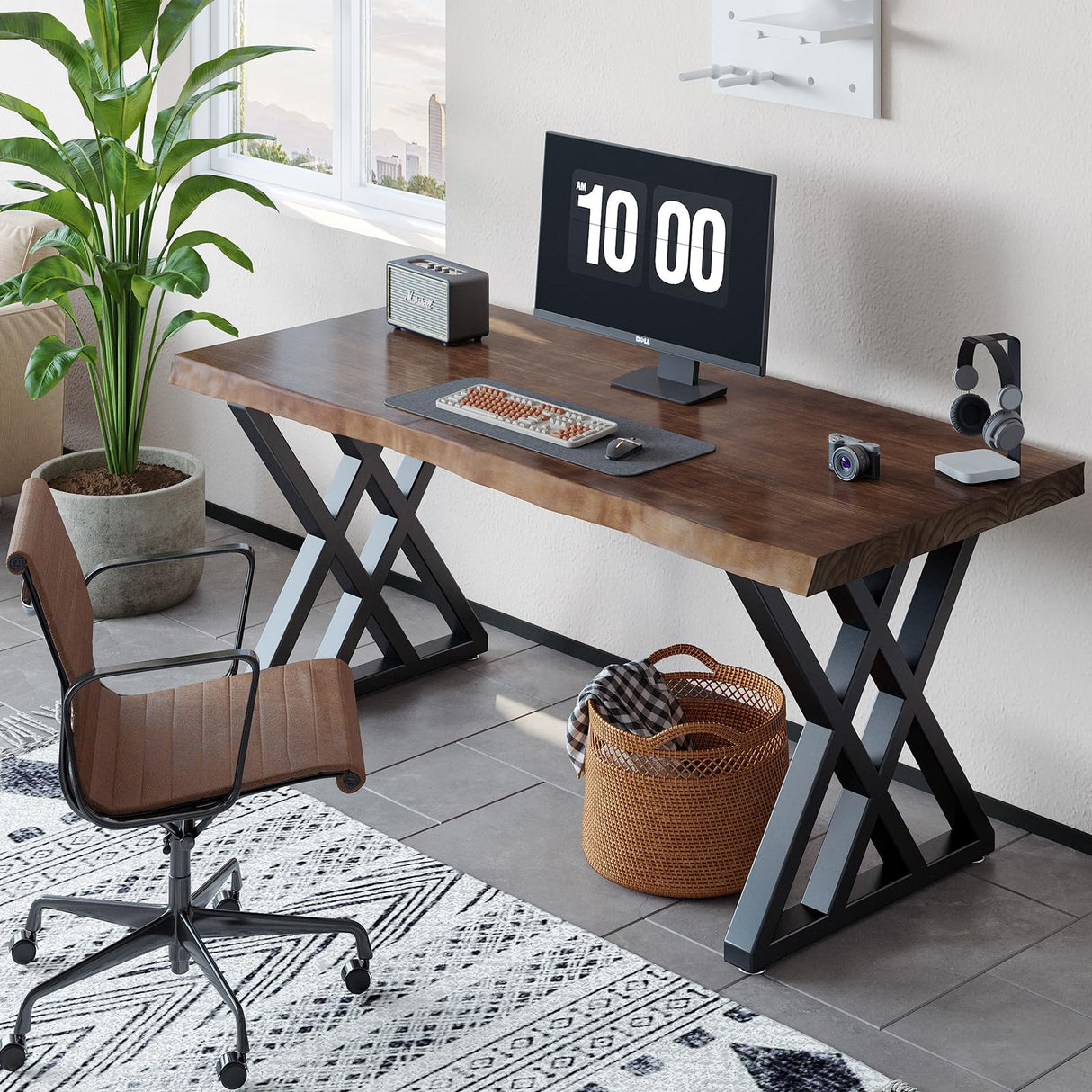 QZYJKJ Solid Wood Computer Desk Study Office Desk 55" Writing Desk, Modern Simple Style PC Table, Black Metal Frame, Solid Wood Planks 55" D x 27" W x 29" H for Home Office Bedroom,Rustic Brown QZYJKJ
