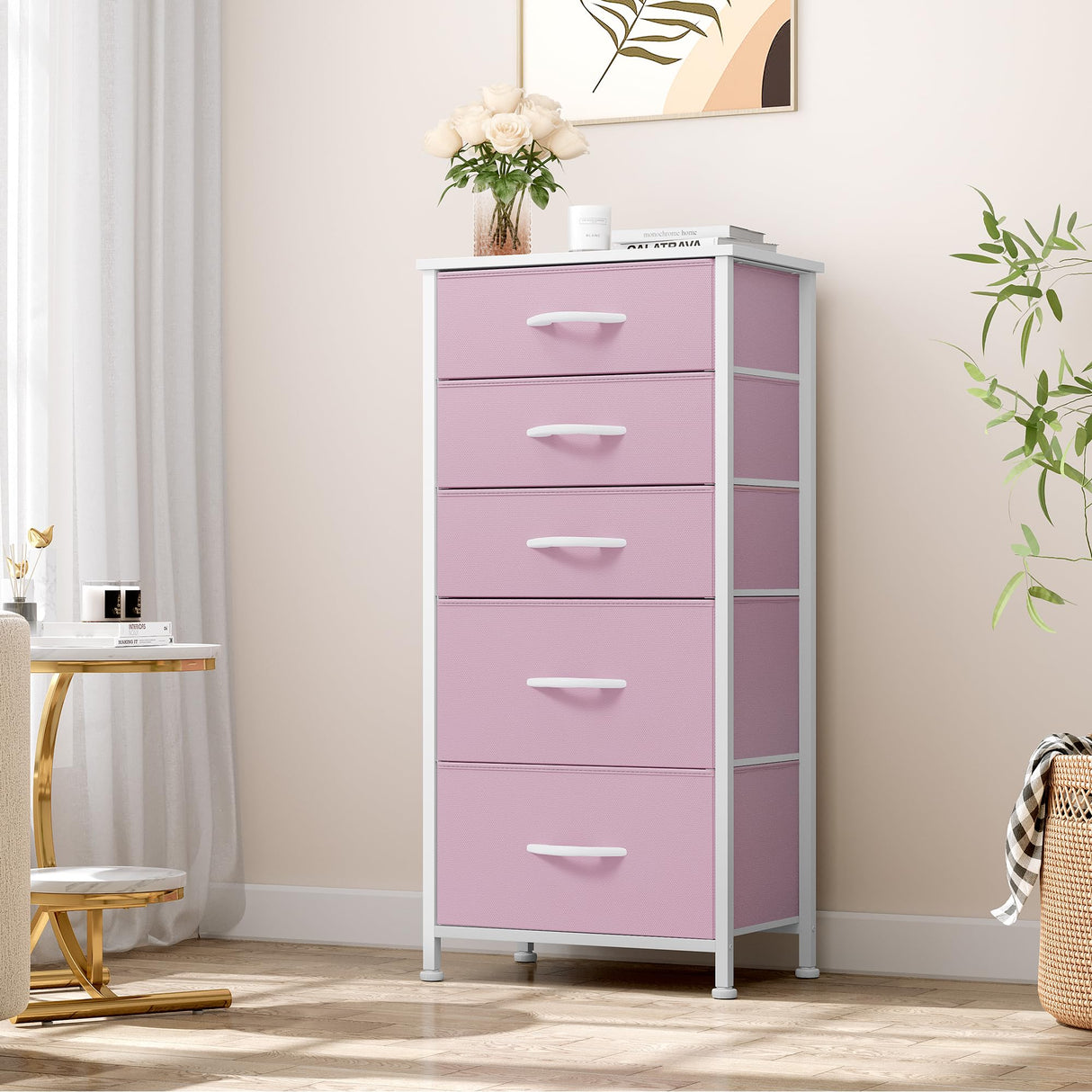 YITAHOME 5 Drawers Dresser - Fabric Dresser, Organizer Unit for Living Room, Closets(Pink) YITAHOME