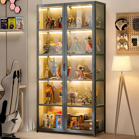 ouioyggk Display Cabinet with Acrylic Glass Door, 5-Tier Curio Display Case, Collectibles Toy Organizers Rack & Display Shelf, Kids Bookcase for Home, Office, Playroom, Living Room, Grey ouioyggk