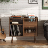 Mid Century Modern Record Player Stand with Power Outlet and Storage Cabinet, Slide Door for Bedroom and Living Room Halitaa