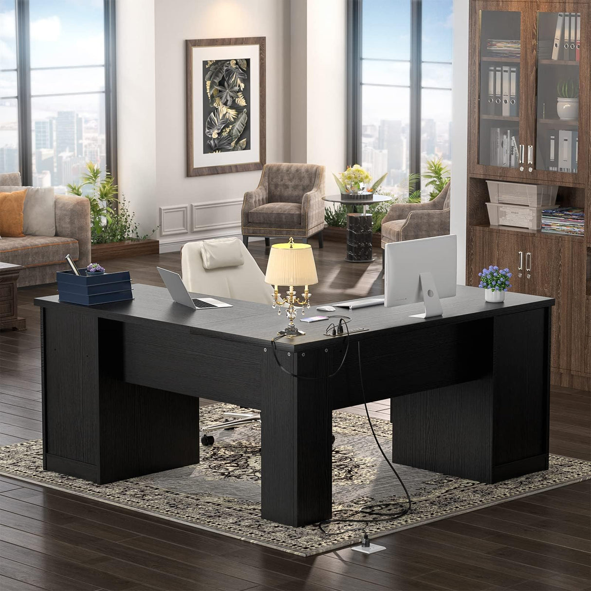 Unikito L Shaped Office Desk with Drawer, 60 Inch Computer Desk with Power Outlet & USB Charging Port, Large Corner Desk with File Cabinets, 2 Person Sturdy Executive Desk with Storage Cabinet, Black Unikito