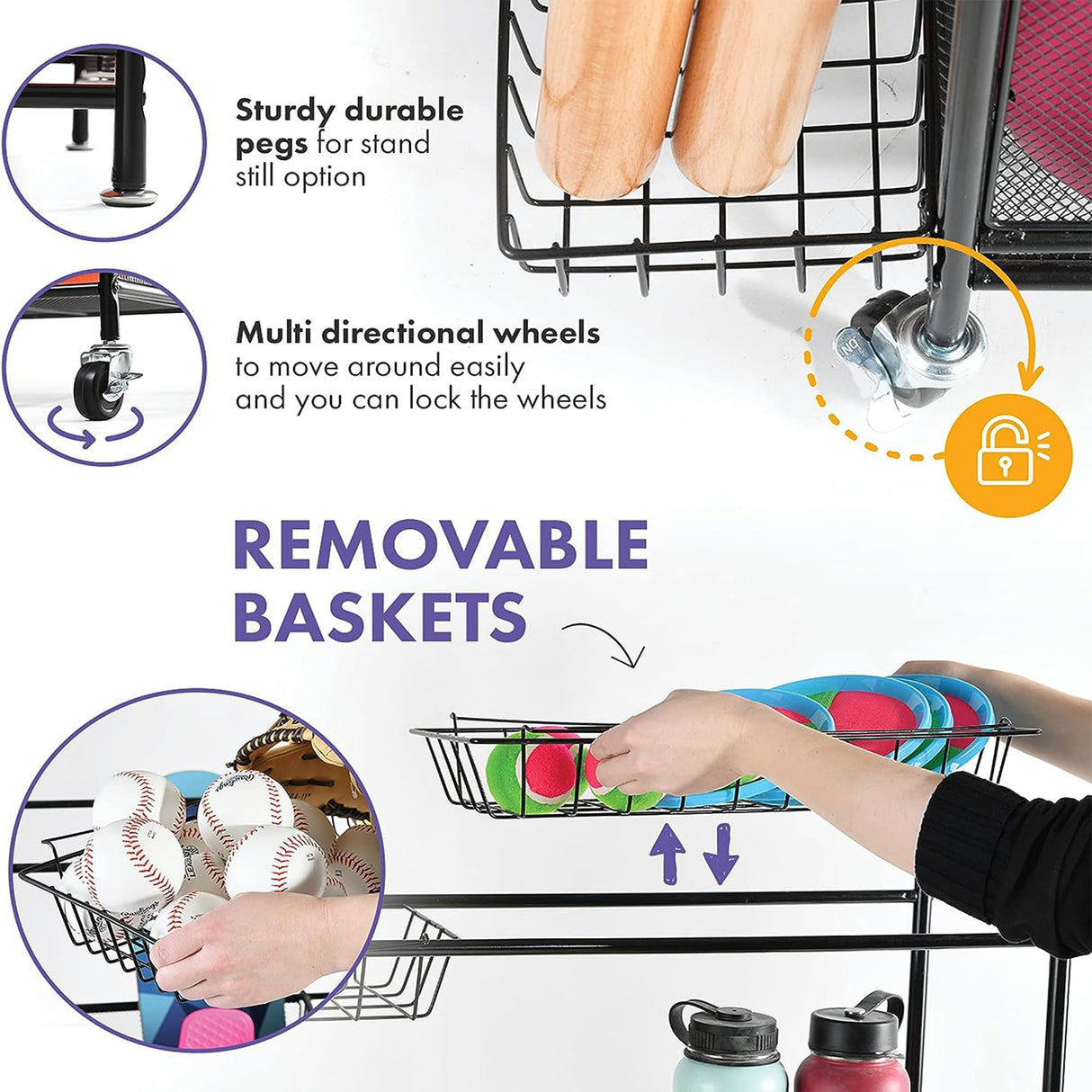 HOME IT Garage Sports Equipment Organizer - Garage Ball Storage Rack Organizer Holder with Baskets, Rolling Wheels & Breaks - Large Capacity Heavy Duty Steel Ball Storage Cart HOME IT