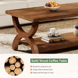 TRIBEWOOD Solid Wood Coffee Tables for Living Room, 47.2-Inch Farmhouse Rectangle Center Tea Table with Storage Shelf TRIBEWOOD