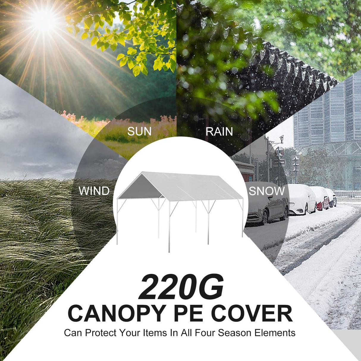10' x 20' Canopy Replacement Cover for Carport, 220G Heavy Duty Replacement Top Cover for Car Garage, Waterproof & UV Protected Tarp with 48 Ball Bungees (Only Cover, Frame Not Included), White Buzleer