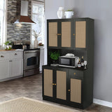 Modern Black Rattan Freestanding Kitchen Pantry Cabinet with 6 Doors & Drawer wirrytor