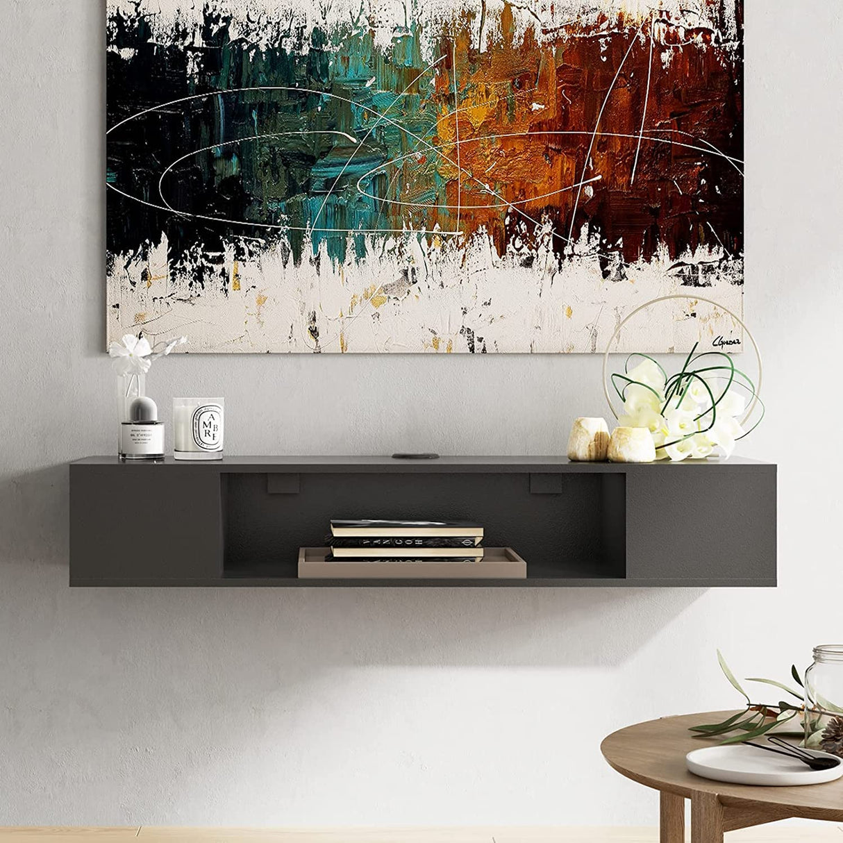 FITUEYES Black Floating TV Stand, Wall Mounted Entertainment Center Wood Storage, Media Console Shelf Under TV for Living Room, 39.4" FITUEYES