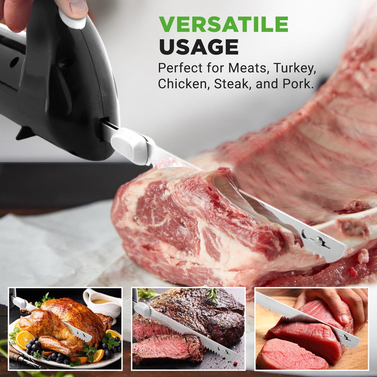 NutriChef Upgraded Premium Electric Knife - 8.9" Carving Knife, Serrated Blades, Lightweight, Ergonomic Design Easy Grip, Easy Blade Removal, Great For Thanksgiving, Meat & Cheese, Black - PKELKN8 NutriChef