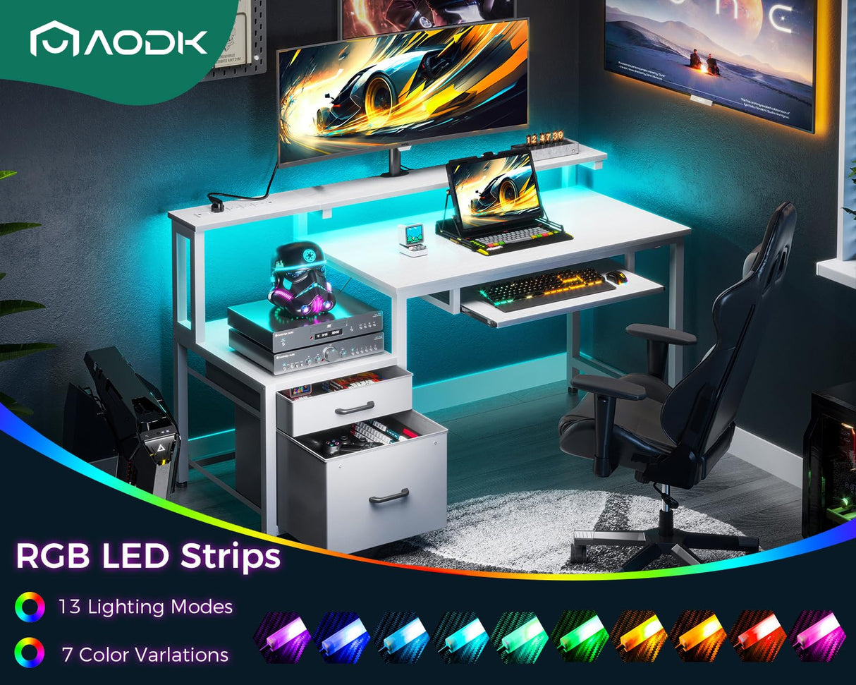 AODK 48" Computer Desk with Fabric File Cabinet and Drawer, Reversible Office Desk with Power Outlet and LED Light, Study Desk with Printer Stand, Keyboard Tray, Full Monitor Riser and PC Stand, White AODK