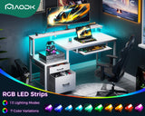 AODK 48" Computer Desk with Fabric File Cabinet and Drawer, Reversible Office Desk with Power Outlet and LED Light, Study Desk with Printer Stand, Keyboard Tray, Full Monitor Riser and PC Stand, White AODK