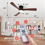 HUMHOLD 52" Wood Ceiling Fan with Lights Remote, Reversible DC Motor 6-Speed Ceiling Fan, 3 Blades Low Profile Flush Mount Ceiling Fans, Modern Ceilingfans for Low Profile, Walnut and Matte Black HUMHOLD