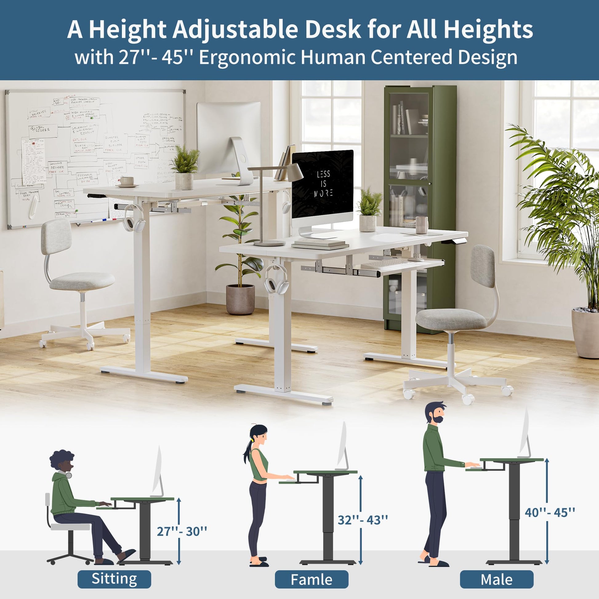 BANTI 48" x 24" Height Adjustable Electric Standing Desk with Keyboard Tray, Sit Stand up Desk with Splice Board, White Frame/White Top - WoodArtSupply