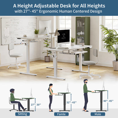 BANTI 48" x 24" Height Adjustable Electric Standing Desk with Keyboard Tray, Sit Stand up Desk with Splice Board, White Frame/White Top - WoodArtSupply