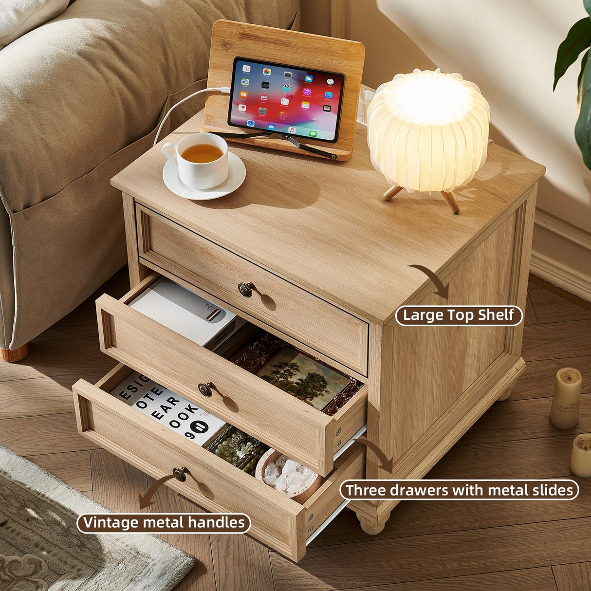 Joaxswe Farmhouse Nightstand with Charging Station, 24" Wide End Table with 3 Drawers,Natural Wood Dresser for Bedroom, Bed Side Table Chest of Drawers Cabinet,Night Stand for Living Room, Closet Joaxswe