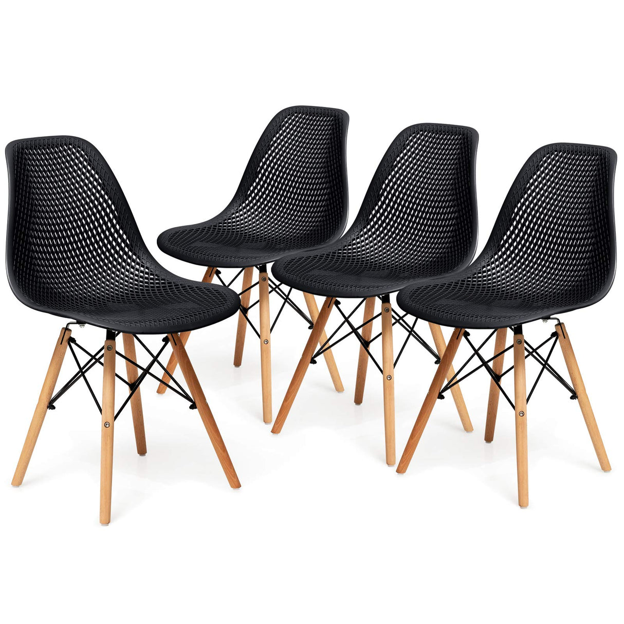 Giantex Set of 4 Modern Dining Chairs, Outdoor Indoor Shell PP Lounge Side Chairs with Mesh Design, Beech Wood Legs, Tulip Leisure Chairs, DSW Dining Chairs for Kitchen, Dining Room, Black Giantex