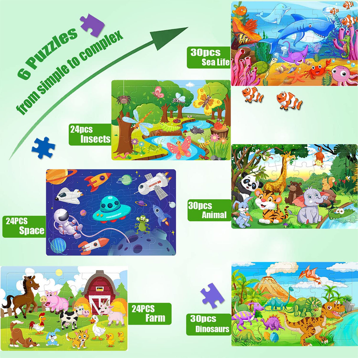 Puzzles for Kids Ages 3-5, Wooden Jigsaw Puzzles 24-30 Pieces for Toddler Children Learning Educational Puzzles 3 4 5 6 Year Toys for Boys and Girls (6 Puzzles) Eirenke