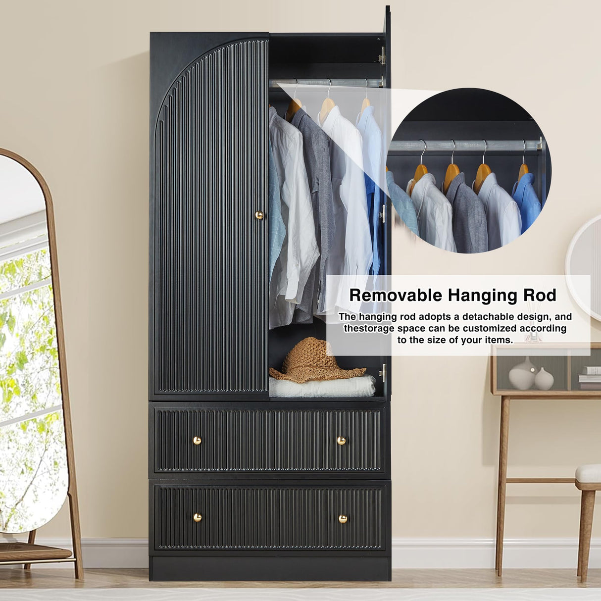 ORRD Black Freestanding Armoire Wardrobe Closet with 2 Doors and 2 Storage Drawers, Large Capacity Wardrobe Cabinet, Wooden Closet for Bedroom ORRD