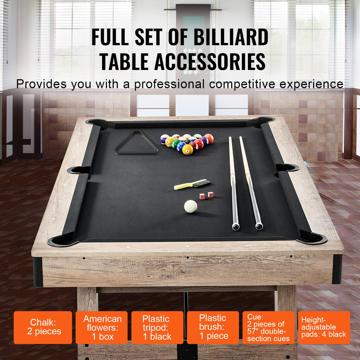 VEVOR Billiards Table, 7 ft Pool Table, Adjust Legs Stable Billiards Table, Pool Table Set Includes Balls, Cues, Chalks and Brush, Wood Color with Black Cloth, Perfect for Family Game Room Kids Adults VEVOR