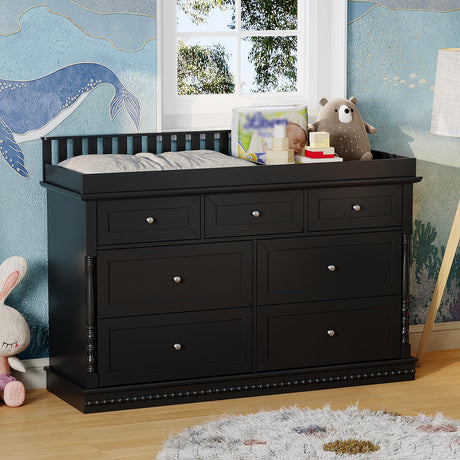 Timechee Baby Dresser with Changing Table Top, Black Dresser for Nursery with 7 Storage Drawers, Multi-Functional Baby Changing Table, Modern Diaper Nursery Dressers Station for Kids Bedroom Timechee