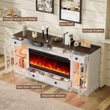 YUMPIE Farmhouse Fireplace TV Stand for TVs up to 80", 70 Inch Large TV Stand with Lighting Glass Door Cabinets/Drawers/Adjustable Shelves, Entertainment Center with 43" Electric Fireplace, White YUMPIE