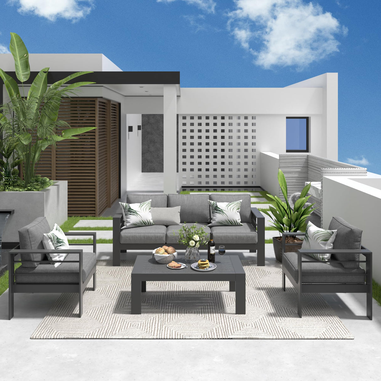 Solaste Aluminum Patio Furniture Set, 4 Pcs Modern Outdoor Conversation Set Sectional Sofa with Upgrade Cushion and Coffee Table,Grey Solaste
